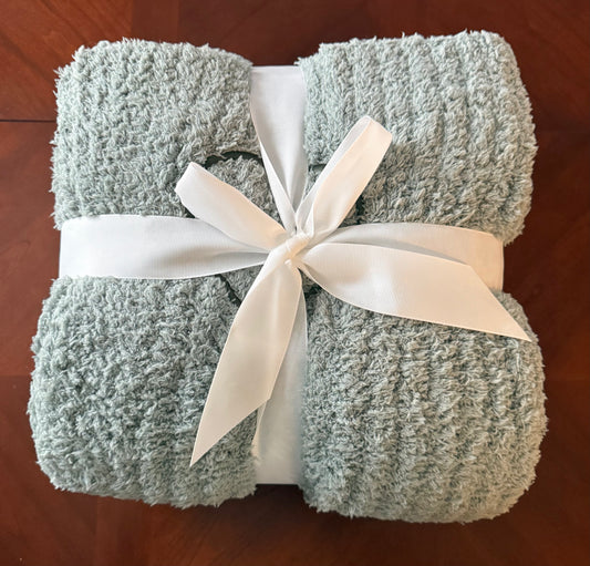 Ocean Mist chenille comfort blanket with embroidered heart and gift ribbon, a luxury sympathy, get well, and thinking of you gift.